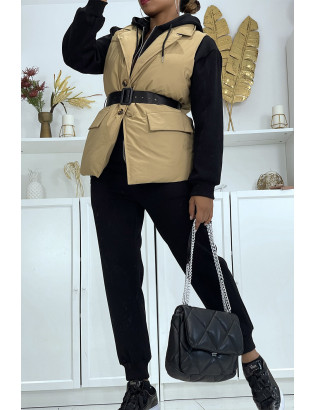 Veste sans manche taupe matelassé avec ceinture - 2