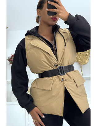 Veste sans manche taupe matelassé avec ceinture - 3