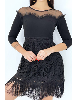 Robe chic noire à manches 3/4 et doublure ajourée à franges - 2