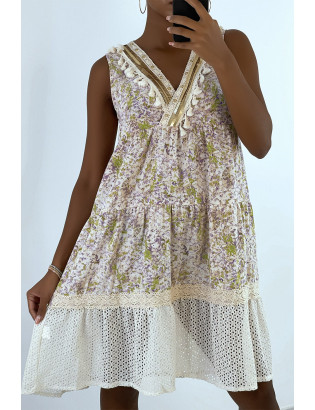 Robe d'été beige à imprimé coloré et crochet style bohème - 5