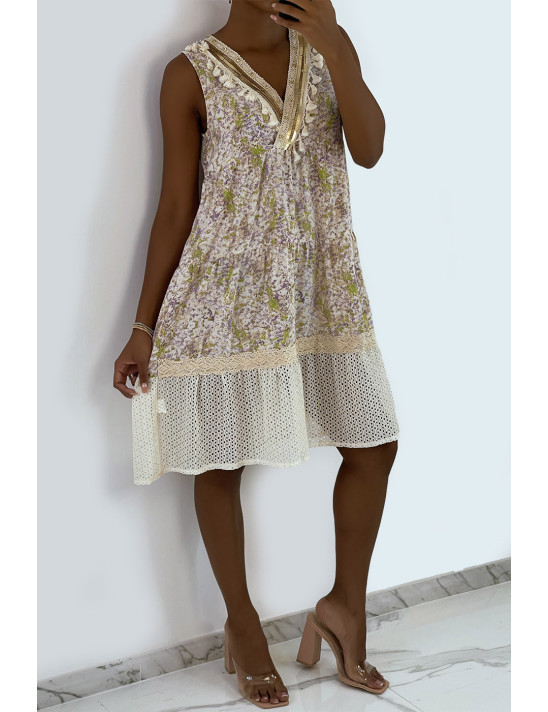 Robe d'été beige à imprimé coloré et crochet style bohème - 6