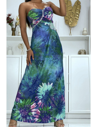 Longue robe motif fleuris bleu avec strass et plis au buste - 1