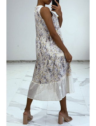Robe longue fluide à imprimé floral bleu détails broderie ajourée - 3