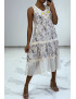 Robe longue fluide à imprimé floral bleu détails broderie ajourée - 4