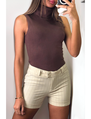 Pull marron col roulé très extensible - 1