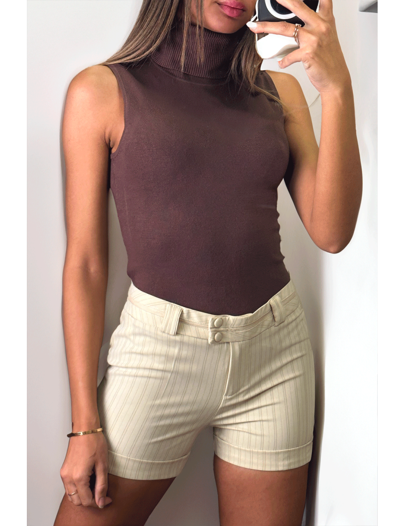 Pull marron col roulé très extensible - 1