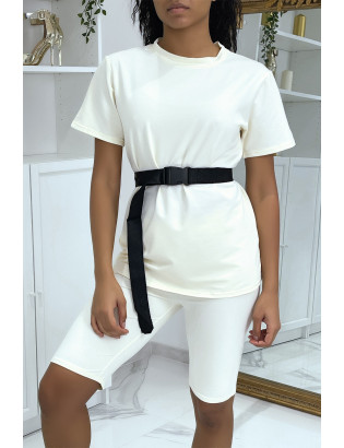 Ensemble T-shirt et cycliste beige avec ceinture - 1