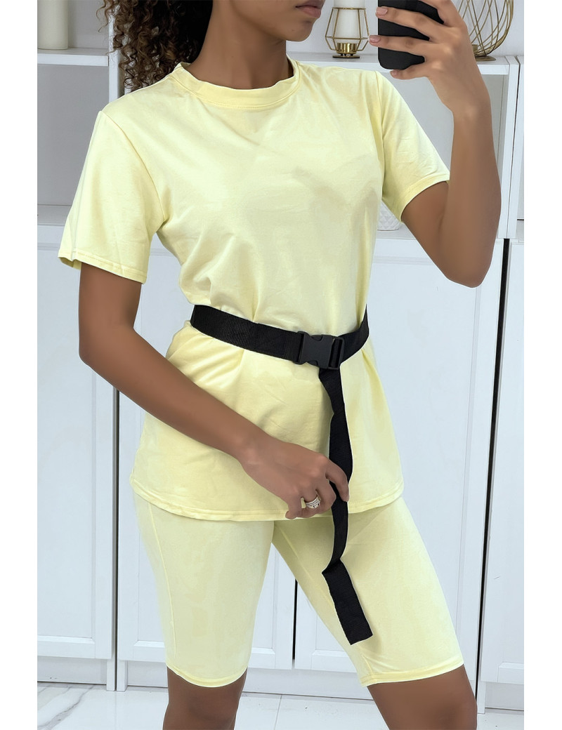 -Ensemble T-shirt et cycliste jaune avec ceinture - 2