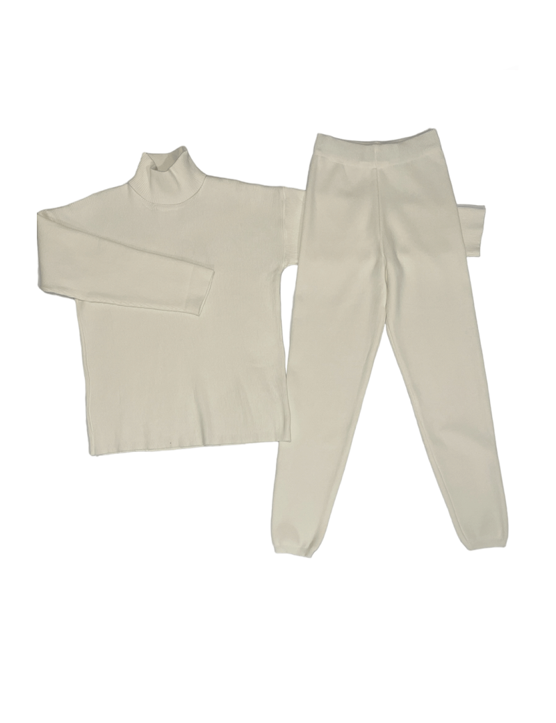 Ensemble pull col roulé over size et jegging en maille côtelé extensible blanc - 1