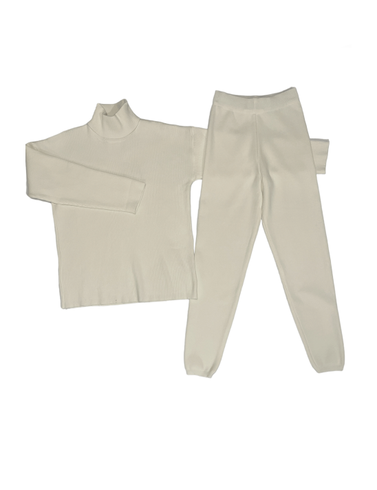 Ensemble pull col roulé over size et jegging en maille côtelé extensible blanc - 1