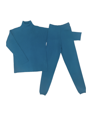 Ensemble pull col roulé over size et jegging en maille côtelé extensible bleu - 1