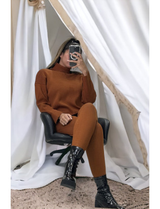 Ensemble pull col roulé over size et jegging en maille côtelé extensible cognac - 2