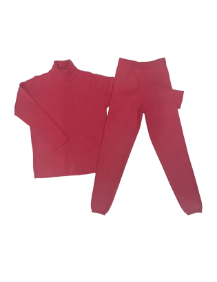 Ensemble pull col roulé over size et jegging en maille côtelé extensible fuchsia - 1