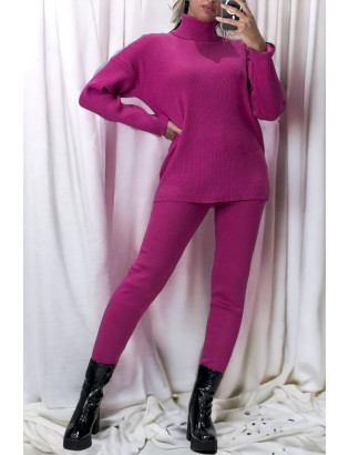 Ensemble pull col roulé over size et jegging en maille côtelé extensible fuchsia - 1
