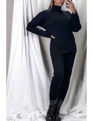 Ensemble pull col roulé over size et jegging en maille côtelé extensible noir - 1