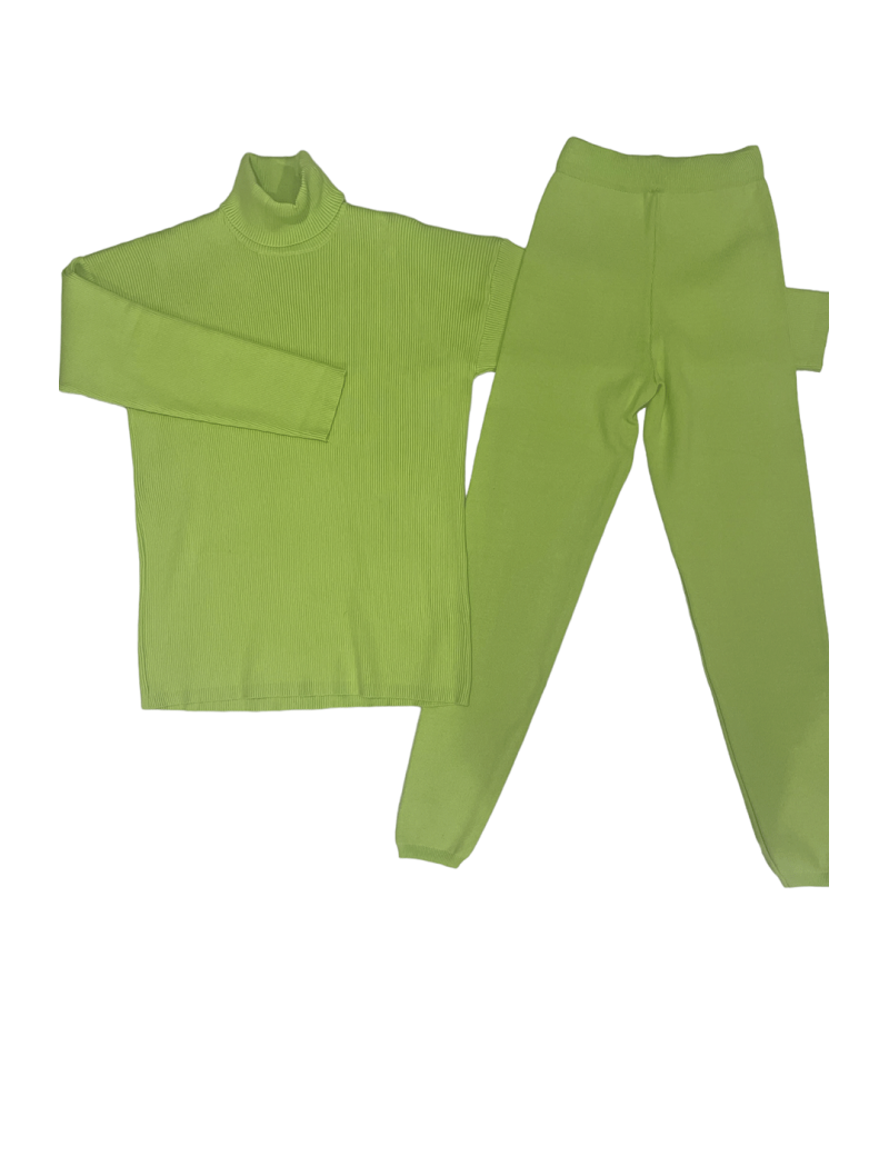 Ensemble pull col roulé over size et jegging en maille côtelé extensible pistache - 1