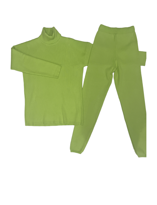 Ensemble pull col roulé over size et jegging en maille côtelé extensible pistache - 1