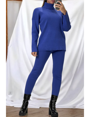 Ensemble pull col roulé over size et jegging en maille côtelé extensible royal - 1