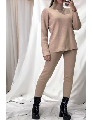 Ensemble pull col roulé over size et jegging en maille côtelé extensible taupe - 3