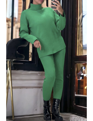 Ensemble pull col roulé over size et jegging en maille côtelé extensible vert - 1