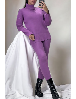 Ensemble pull col roulé over size et jegging en maille côtelé extensible violet - 1