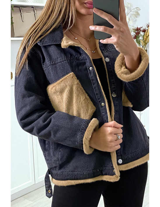 Veste en jean moumoute noir et poches camel - 1
