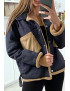 Veste en jean moumoute noir et poches camel - 1
