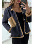 Veste en jean moumoute noir et poches camel - 2