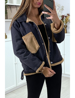 Veste en jean moumoute noir et poches camel - 3