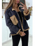 Veste en jean moumoute noir et poches camel - 3
