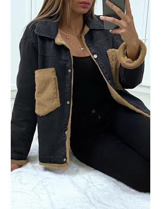 Veste en jean moumoute noir et poches camel - 4