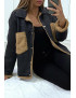 Veste en jean moumoute noir et poches camel - 4