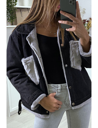 Veste en jean moumoute noir et poches grise - 1