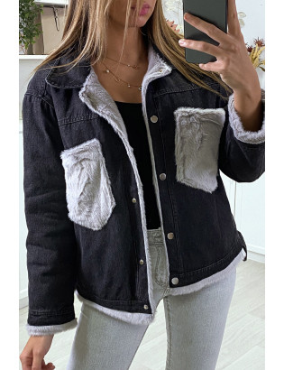 Veste en jean moumoute noir et poches grise - 3