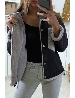 Veste en jean moumoute noir et poches grise - 4