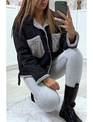 Veste en jean moumoute noir et poches grise - 5