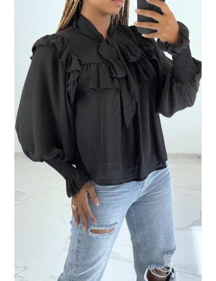 Blouse noir style classique à volants et manches bouffantes - 1