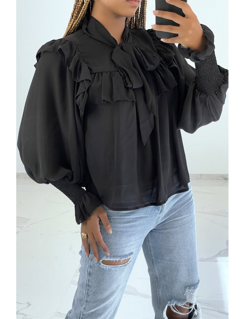 Blouse noir style classique à volants et manches bouffantes - 1