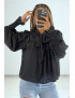 Blouse noir style classique à volants et manches bouffantes - 2