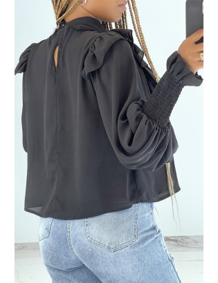 Blouse noir style classique à volants et manches bouffantes - 3