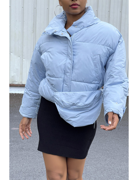 Doudoune bleu ajustable à la taille avec poches et sac  - 1