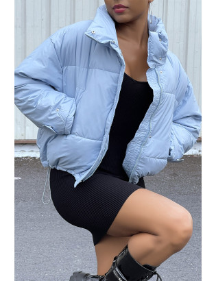 Doudoune bleu ajustable à la taille avec poches et sac  - 4