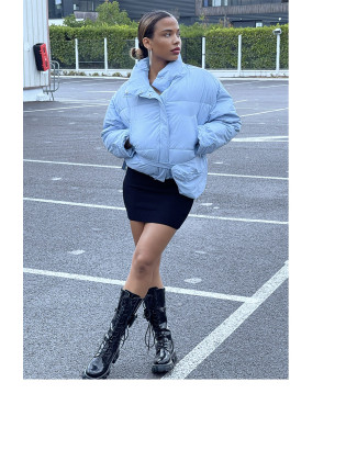 Doudoune bleu ajustable à la taille avec poches et sac  - 5
