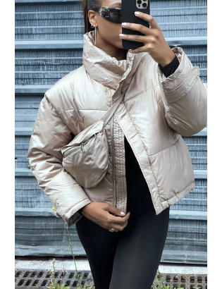 Doudoune taupe ajustable à la taille avec poches et sac  - 2
