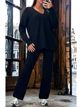 Ensemble noir pull col V et pantalon palazzo en maille épais extensible  - 1