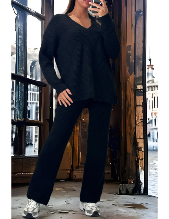 Ensemble noir pull col V et pantalon palazzo en maille épais extensible  - 1
