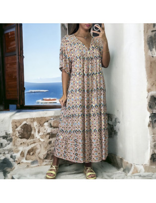 Robe longue over size rose et doré à motif fleuris - 1