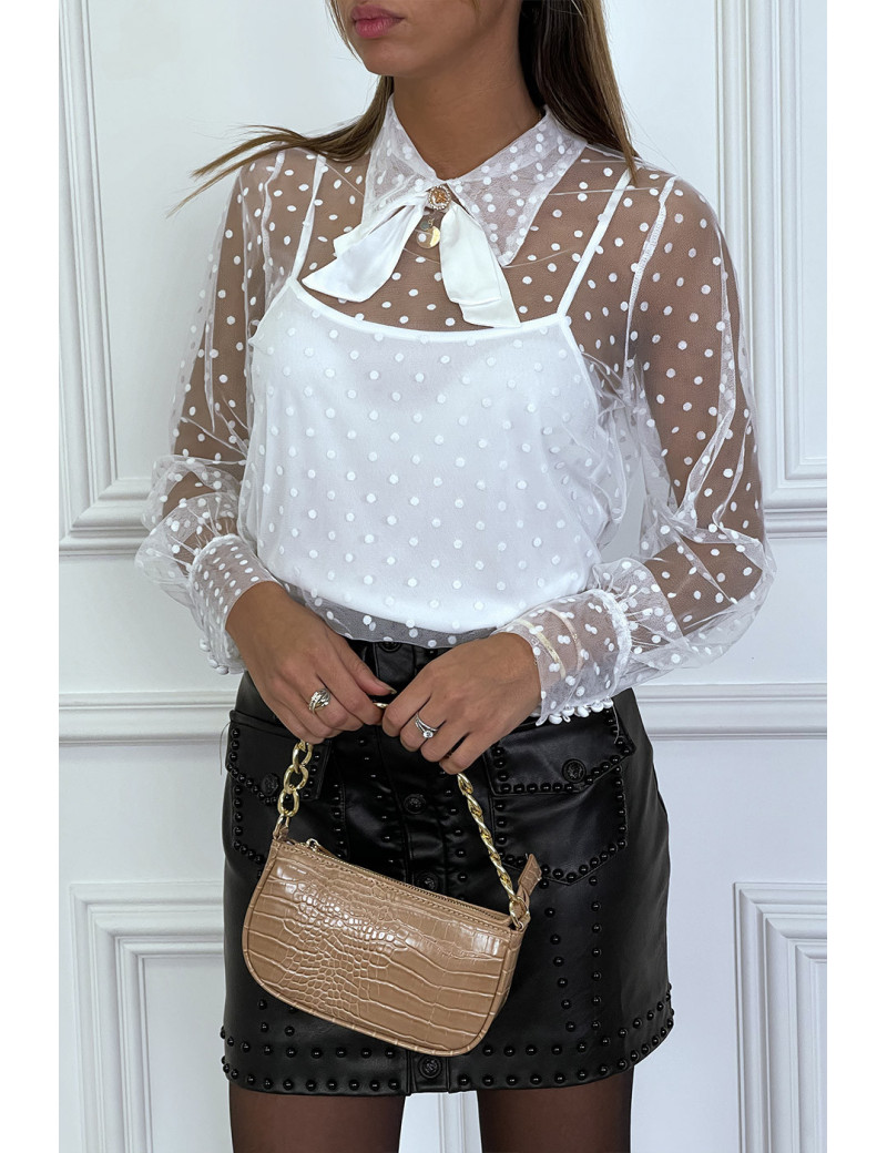 Blouse blanche plumetis à col Claudine et noeud - 1
