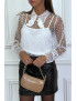 Blouse blanche plumetis à col Claudine et noeud - 1