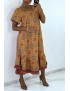 Robe longue moutarde à manches courtes et imprimé coloré - 1